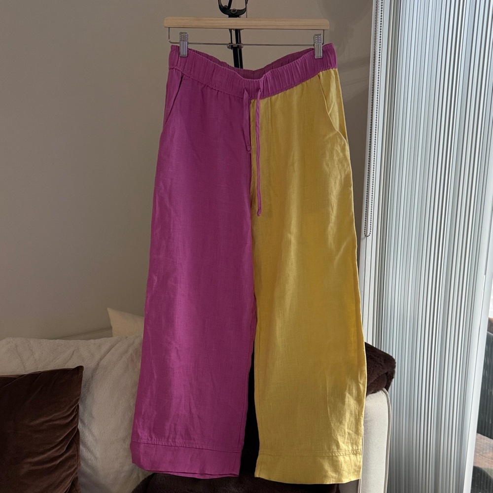 Back Beat Co. Pink and Yellow Flare Pants Linen‎